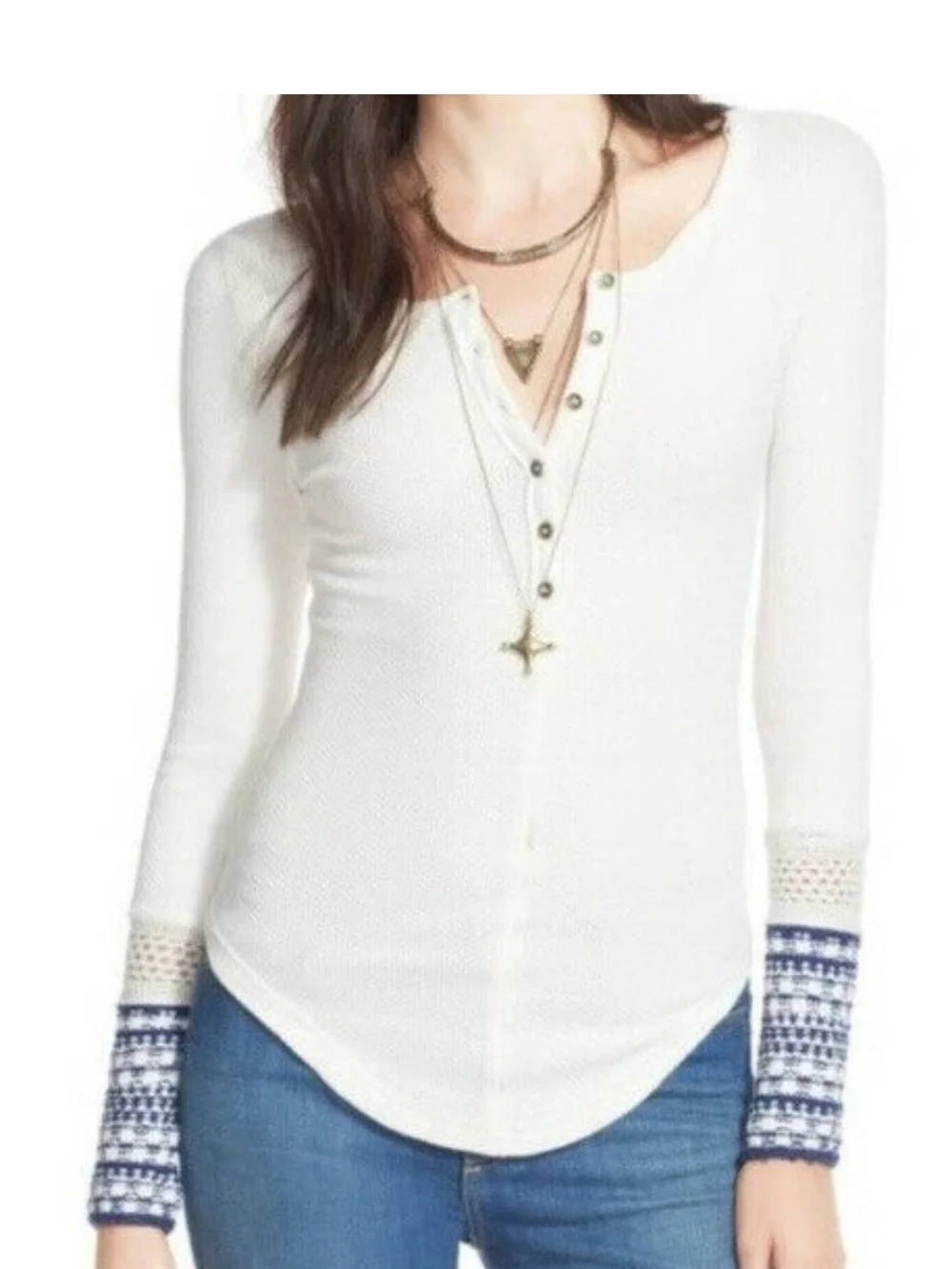 Free People We The Free Ski Lodge Thermal Henley • Ivory & Navy • Size M • NWOT